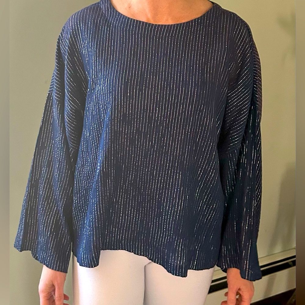 Suzie Kondi designer navy blouse with silver accents